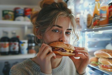Girl eating sandwich by open refrigerator