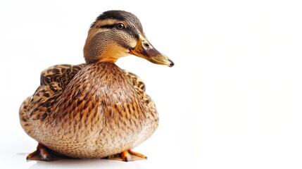 A beautiful brown duck is sitting on a white background. The duck is looking to the right of the frame.