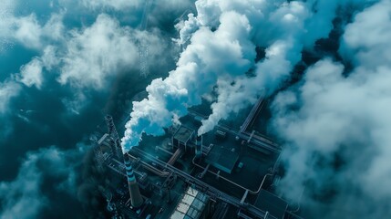Fototapeta premium An aerial view of a factory with smoke coming out of its chimneys