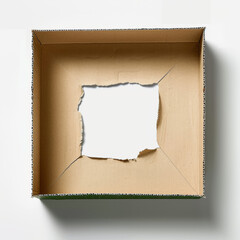 A cardboard box with a hole in it. The box is brown and white