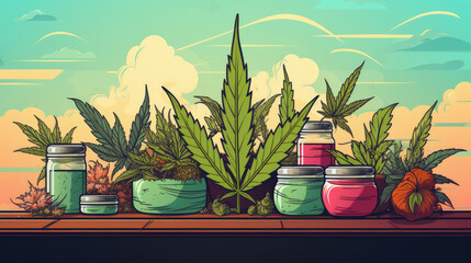 Obraz premium Illustration of cannabis products in jars surrounded by cannabis plants against a colorful sunset background, highlighting natural. 