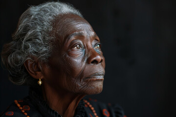 Elderly black woman, wrinkles on face, in traditional clothes against black backdrop with copy space