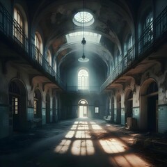 Atmospheric, abandoned asylum, overtaken by shadows, urban exploration photography