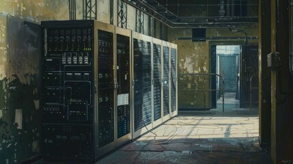 Photorealism painting of a nextgen supercomputer in an isolated, shadowed setting, capturing its intricate design in highdefinition