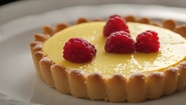 Bright and zestful lemon tartlets garnished with raspberries and mint leaves with lemon wedges
