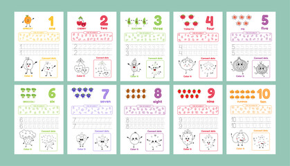 Activity worksheets for kids education with many exercises. Learning numbers from 1 to 10. Trace, color, dot to dot on one page