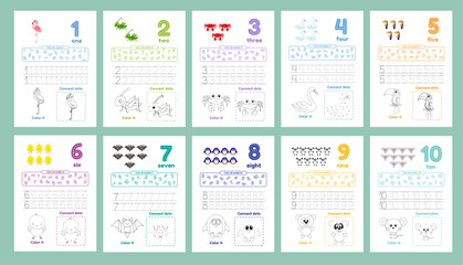 Activity worksheets for kids education with many exercises. Learning numbers from 1 to 10. Trace, color, dot to dot on one page