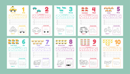 Activity worksheets for kids education with many exercises. Learning numbers from 1 to 10. Trace, color, dot to dot on one page