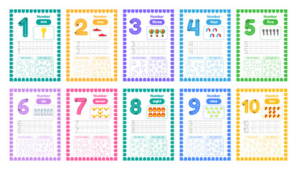 Activity worksheets for kids education with many exercises. Learning numbers from 1 to 10. Trace, color, dot to dot on one page