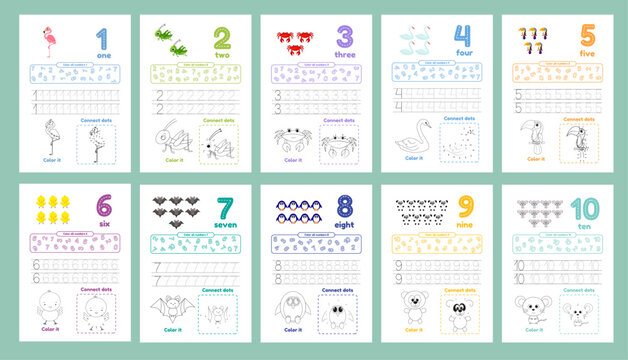 Activity worksheets for kids education with many exercises. Learning numbers from 1 to 10. Trace, color, dot to dot on one page