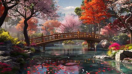 Serene Japanese garden with a tranquil pond, wooden bridge, and vibrant cherry blossom trees.