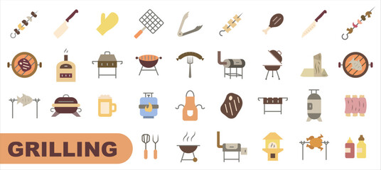 Grill colored icons. Barbecue grill. Everything for the grill. Grill vector icons.