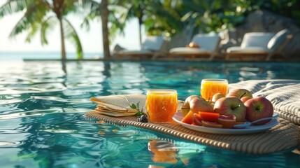 Obraz premium Breakfast in swimming pool, floating breakfast in tropical resort.