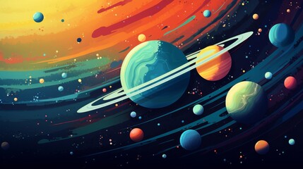 Space-themed illustration with planets and rockets