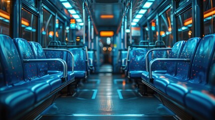 Fototapeta premium Bus inside, city transportation white interior with blue seats in row