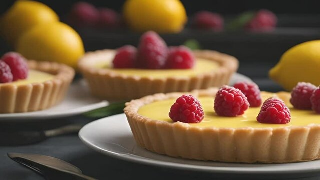 Bright and zestful lemon tartlets garnished with raspberries and mint leaves with lemon wedges
