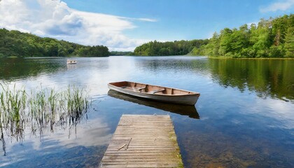A serene lake with a small wooden dock and a rowboat gently bobbing in the water.
