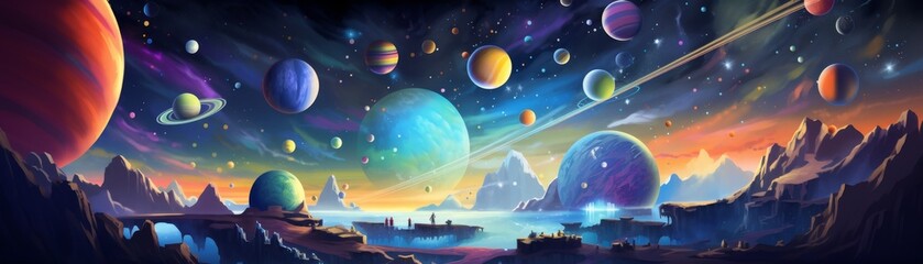 Space-themed illustration with planets and rockets