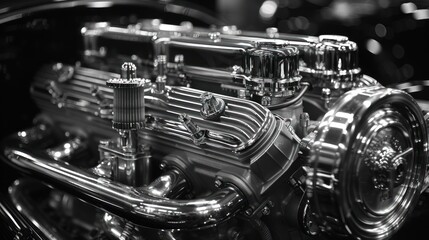 Car engine, concept of modern vehicle motor with metal, chrome