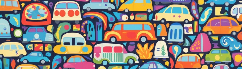 Naklejka premium Colorful pattern of whimsical cars and abstract shapes 