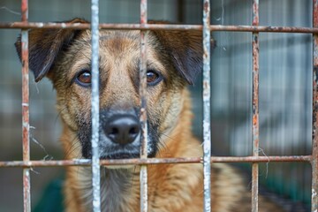A white-red dog in a shelter for homeless animals stands behind the fence of the aviary and looks out. Animal in a cage. Bottom view.. Beautiful simple AI generated image in 4K, unique.