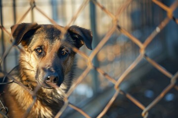 A white-red dog in a shelter for homeless animals stands behind the fence of the aviary and looks out. Animal in a cage. Bottom view.. Beautiful simple AI generated image in 4K, unique.