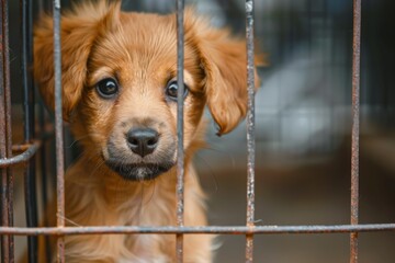 A white-red dog in a shelter for homeless animals stands behind the fence of the aviary and looks out. Animal in a cage. Bottom view.. Beautiful simple AI generated image in 4K, unique.