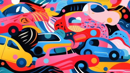 Colorful pattern of whimsical cars and abstract shapes 