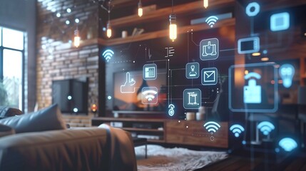 A smart home hub controlling various connected devices such as lights, thermostats, and security cameras, exemplifying the convenience and efficiency of home automation technology.