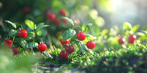 A branch with berries and the sun shining through the leaves, Vaccinium vitis-idaea lingonberry, partridgeberry or cowberry . Fresh wild lingonberry in forest