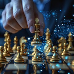 Hand moving king piece on chess board, close-up focus object, with dramatic cinematic digital holography background looking for winning strategy.