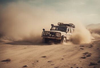A 4x4 vehicle navigating a dessert, kicking up clouds of dust
