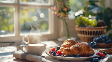 A cozy kitchen setting with a steaming cup of coffee, a plate of freshly baked croissants, and a bowl of mixed berries, all bathed in the gentle morning sunlight streaming through the window
