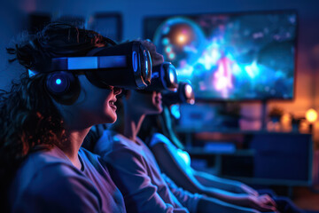 A family using a multi-dimensional entertainment system in their living room, experiencing a movie as a virtual reality adventure. Futuristic and High Tech Concept. Generative AI