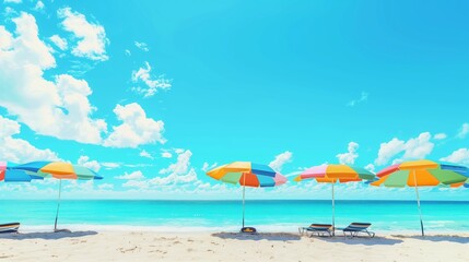 Sunny Beach Day: A wide shot captures the summer vibe with colorful umbrellas and clear blue ocean.