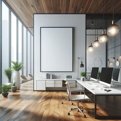 A Room with a mockup poster empty white and with a large white desk and a large white poster realistic art lively harmony.