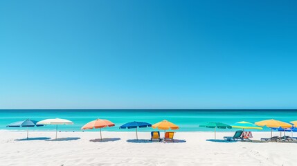 "Sunny Beach: Sandy shore with umbrellas & sunbeds, crystal-clear sea, perfect summer spot."