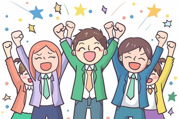 business team success celebration goals achievement joy cheering happy motivation teamwork coworkers corporate support victory cartoon illustration accomplishment 