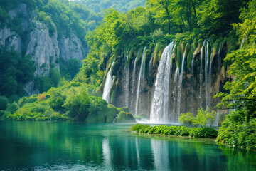 Fototapeta premium Exotic waterfall and lake landscape lush greenery, natural beauty and tranquility of lakes National Park. showcasing the beauty of nature for Ads, banner, magazine. Generative AI