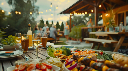 Backyard Dinner Table with Tasty Grilled Barbecue Meat, Fresh Vegetables and Salads. Happy Joyful...