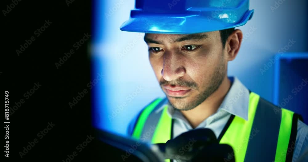 Fototapete Data center, tablet and man with computer server for programming, coding and information technology. Cybersecurity, IT and technician with digital tech for inspection, maintenance and software backup