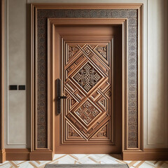 Gateway to Elegance: Bespoke Wood Door Crafted with Intricate Geometric Patterns and Inlaid Metal Accents, Elevating Entryway Aesthetics to Unparalleled Heights