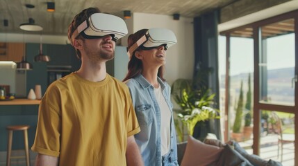 A conceptual image of a digital real estate tour, a couple exploring a virtual reality representation of their potential new home