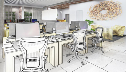 Project of an open and transparent office architecture with meeting area in modern, wood design (concept) - 3D visualization