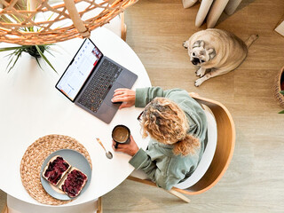 Above view of woman having breakfast and checking notification on laptop with small dog sitting on...