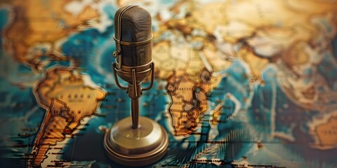 Vintage Microphone on Global World Map Representing Historical Landmark Preservation Podcast