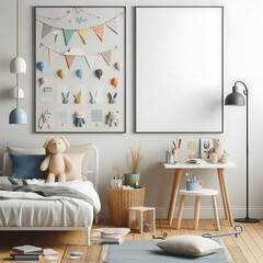 bedRoom with a mockup poster empty white and sets have mockup poster empty white have mockup poster empty white with a bed and a table and a poster lively realistic lively.