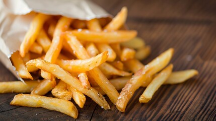 Crispy French Fries in Brown Paper Bag on Wooden Surface