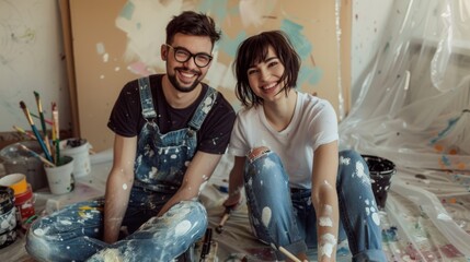 Fototapeta na wymiar A Joyful Couple Painting Together