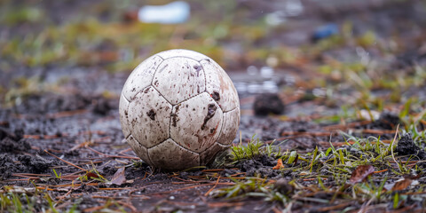 A soccer ball in the soil